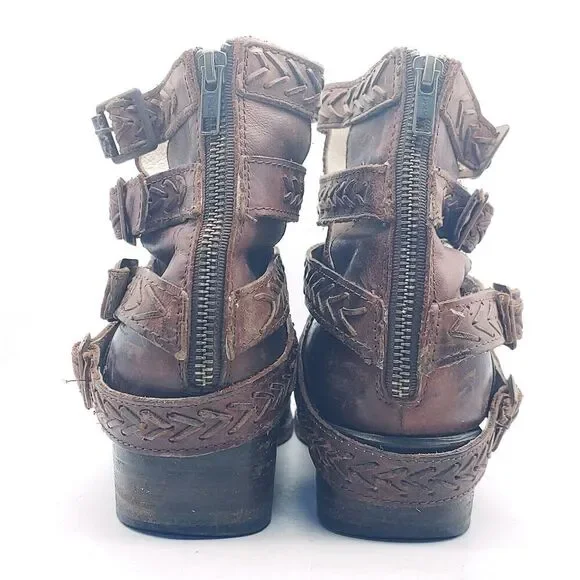 Freebird Women's Almond Toe Braided Buckled Straps Brown Leather Ankle Boots 10 - Picture 6 of 11